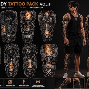 May include: Full body tattoo pack Vol. 1 featuring various designs for arms, legs, and torso. The designs include skulls, angels, and other detailed illustrations. The image also shows a person with tattoos on their arms and legs.