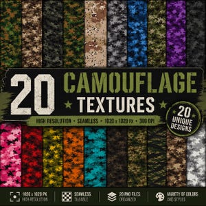 Könnte beinhalten: Ein digitales Kunstbild mit 20 Camouflage-Texturen in verschiedenen Farben, darunter Grün, Braun, Blau und Lila. Das Bild enthält den Text "20 CAMOUFLAGE TEXTURES" sowie Details zu Auflösung, nahtloser Kachelbarkeit und der Anzahl der einzigartigen Designs.