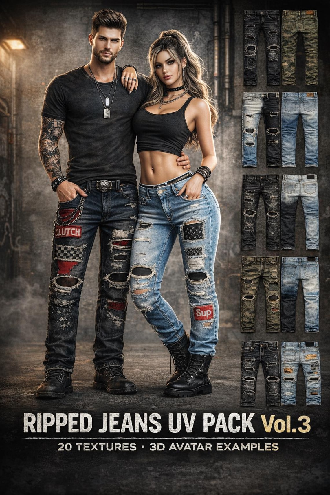 Ripped Jeans UV Pack Vol.3 – Realistic 2D Denim Textures (front & Back ...