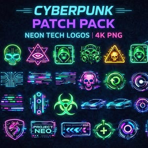 Cyberpunk Patch Pack – Neon Tech Logos (25 PNG 4K)
