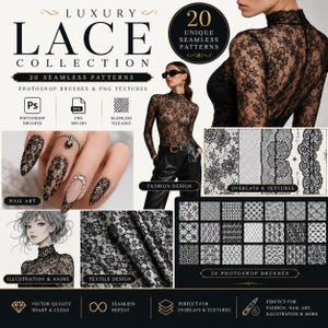 May include: A promotional image for a luxury lace collection. The image features a woman in a black lace top, nail art, and various lace patterns. Text includes "Luxury Lace Collection" and "20 Seamless Patterns."