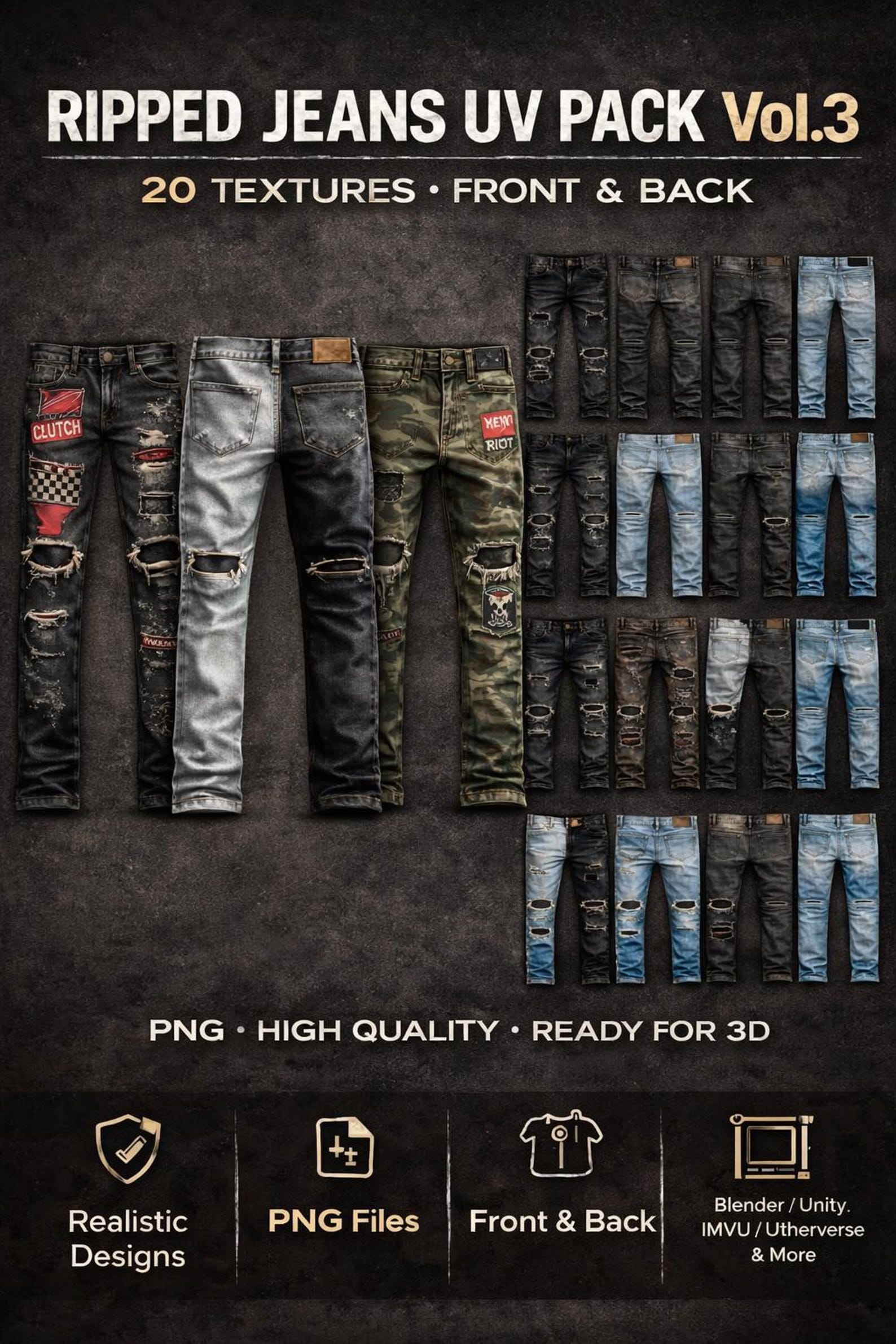Ripped Jeans UV Pack Vol.3 – Realistic 2D Denim Textures (front & Back ...