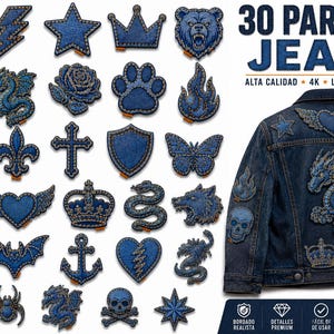 Könnte beinhalten: Eine Sammlung von 30 Aufnähern in blauer Jeans-Optik mit verschiedenen Formen wie Herzen, Totenköpfen, Drachen, Sternen und Kronen, neben einer Jeansjacke, die mit einigen dieser Aufnäher und dem Text 30 PARCHES JEANS verziert ist.