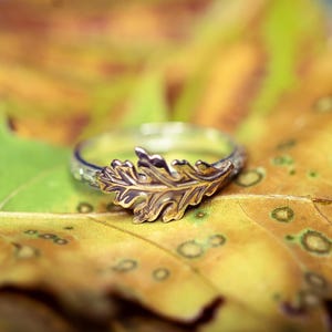 May include: A silver ring with a detailed gold oak leaf design. The ring is set on a yellow and green leaf, creating a nature-inspired aesthetic. The ring's band has a textured pattern.