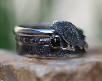 Raven Ring Set* The Raven * EA Poe * Solid Sterling Silver *  Chrome Diopside Stacking Rings