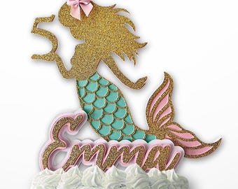Mermaid Cake Topper, Personalized Birthday Decorations, Mermid Party Decor, Custom Name Topper, 1st Birthday Girl, Baby Shower Cake Decor