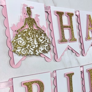 Princess Birthday Banner - Princess Party Decoration - Pink and Gold - Royal Elegant Décor - Personalized Name and Age - Happy Birthday Girl