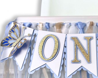 Butterfly ONE Banner, First Birthday High Chair Banner, 1st Birthday Boy, Blue Butterfly Party Decor, Cake Smash Birthday Decorations