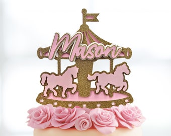 Carousel Cake Topper [Pink] - Girl Birthday Party Horse Decoration - Pink and Gold - Elegant Carousel & Horse Décor - Personalized Name