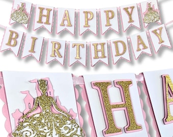 Pink Princess Birthday Banner - Personalized Happy Birthday Banner, Girls Princess Party Decor, Birthday Decorations, Custom Name & Age Sign