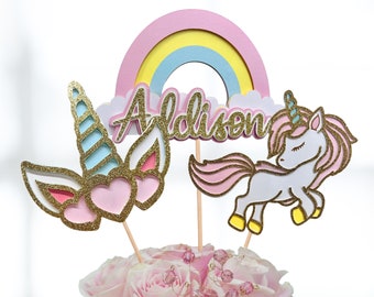 Unicorn Centerpiece Set - Birthday Party Unicorn Decoration - Elegant 3-Piece Set with Rainbow - Personalized Name - Birthday Girl