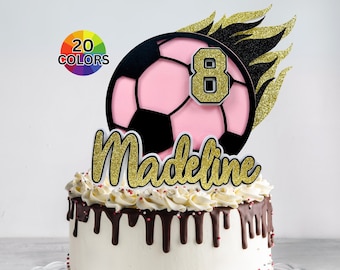 Soccer Cake Topper [Script Lettering] - Girls Birthday Party Decoration - Soccer Sport Theme Décor - Custom Colors - Personalized Name & Age
