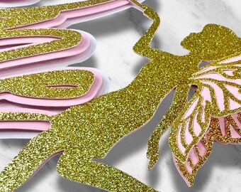 Rose Gold Fairy 'Happy 1st Birthday' Cake Topper | Glitter Card Stock With Bamboo Stick | Baby Girl's First Birthday Party Decor