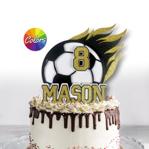 Soccer Cake Topper [Varsity Lettering] - Birthday Party Decoration - Boys Soccer Sport Theme Décor - Custom Colors - Personalized Name & Age