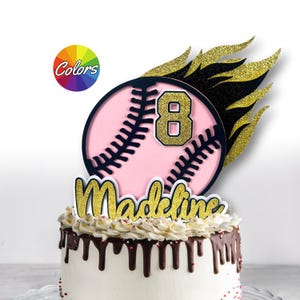 Softball Cake Topper [Script Lettering] - Girls Birthday Party Decoration - Softball Sport Décor - Personalized Name Age - Happy Birthday