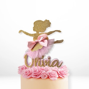 Ballerina Cake Topper - Ballerina Birthday Party Decoration - Elegant Ballet Dancer Décor - Pink Tutu & Gold Glitter - Personalized Name