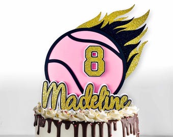 Girls Tennis Cake Topper - Personalized Birthday Party Decorations, Pink Sports Party Decor, Tennis Theme, Custom Name & Age, Team Colors