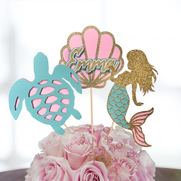 Mermaid Centerpiece Set - Birthday Party Mermaid Decoration - 3-Piece Set with Sea Turtle & Clamshell - Personalized Name - Birthday Girl