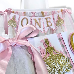 Princess ONE Banner - First Birthday High Chair Sign - 1st Birthday Girl - Elegant Princess Party Decoration - Fairytale Pink and Gold