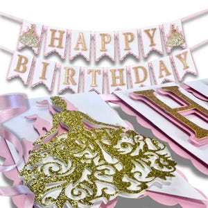 Princess Birthday Banner - Princess Party Decoration - Pink and Gold - Royal Elegant Décor - Personalized Name and Age - Happy Birthday Girl