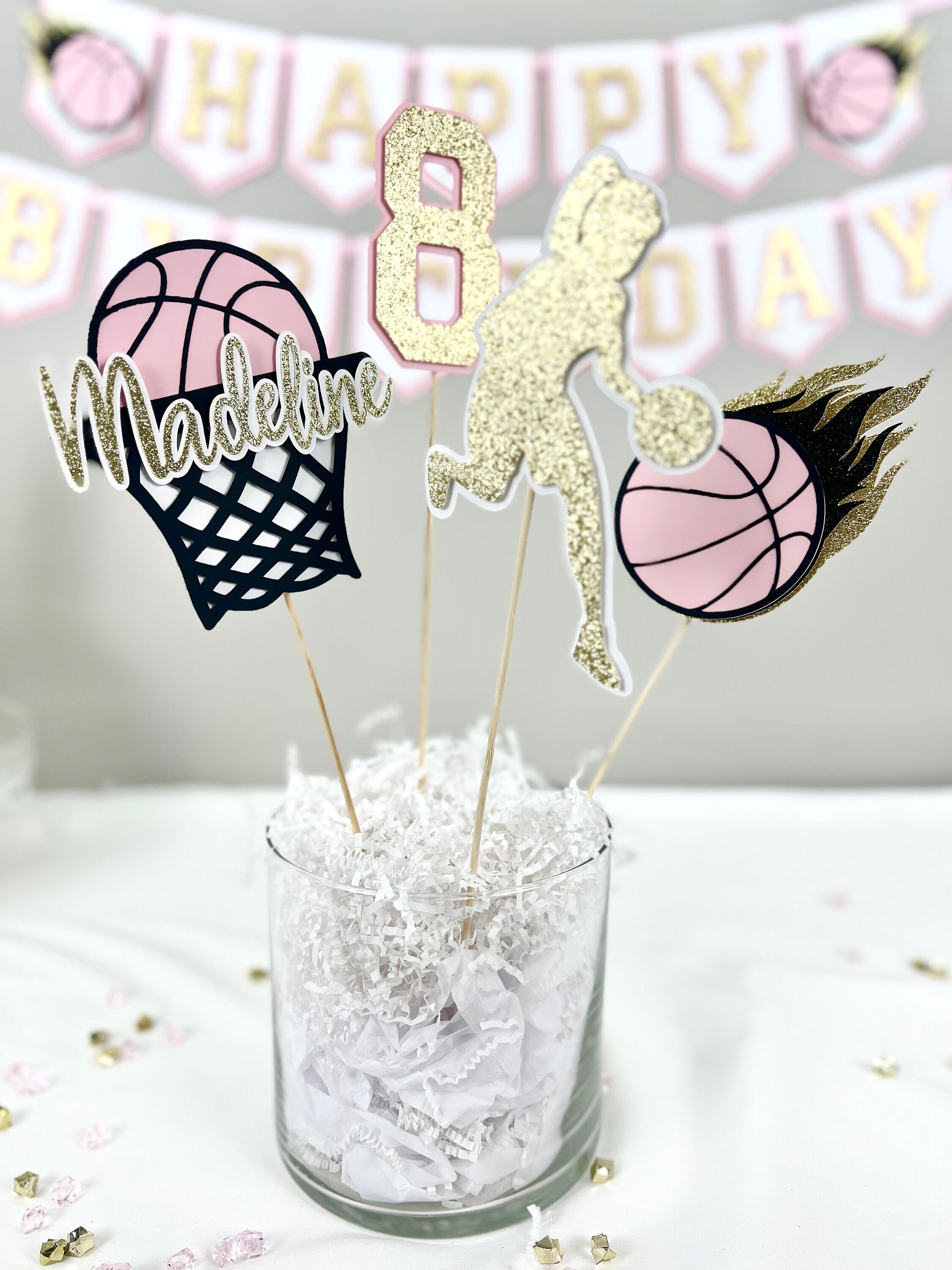 Girls Basketball Centerpiece Set Birthday Party Decoration 3Piece Set Sport Theme Dcor Personalized Name Basketball Female