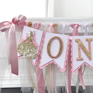 Princess ONE Banner - First Birthday High Chair Sign - 1st Birthday Girl - Elegant Princess Party Decoration - Fairytale Pink and Gold