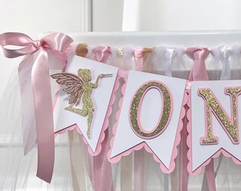 Fairy ONE Banner - First Birthday High Chair Banner - 1st Birthday Girl - Elegant Fairy Party Decoration - Pink and Gold