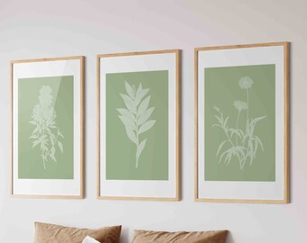 Salbeigrüne botanische Wandkunst, 3er-Set Drucke, minimale Midcentury moderne Wandkunst, Boho-Chic-Wanddekor, Line-Art-Blumendrucke, ästhetisch