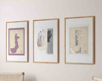 Surreale Vintage Wandkunst, moderne Kunst Frau, mysteriöse Kunst, surreale Kunst, Collage Kunst Original, Boho Wandkunst, Rosa Beige Wandkunst Set von 3