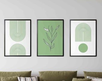 Minimalist Art Prints Set of 3, Mid Century Art Prints, Neutral Modern Wall Art Decor, Boho Style Art Prints, Sage, Green, Geometric Art