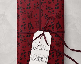 Rot Schwarz Floral Weihnachtspapierrolle Festliche Geschenkverpackung Elegante Geschenkverpackung Botanisches Geschenkpapier Schick Geschenkpapier