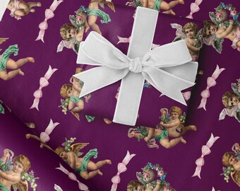 Vintage Engel Weihnachtsverpackungspapier Flieder Saisonales Geschenkpapier Niedlicher lila Engel Geschenkpapierrolle Klassisch Feiertagsgeschenk Himmlisches Design