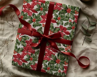 Traditionelle Weihnachtsgeschenkpapierrolle Weihnachtsblumen-Poinsettia-Papierrolle Rot Grün Botanischer Klassiker Geschenkpapierrolle