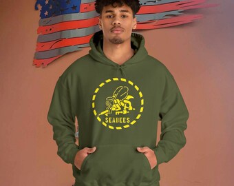 Double Sided Seabees CESE Stencil Logo Gold OD Green Heavy Blend Hooded Sweatshirt Hoodie