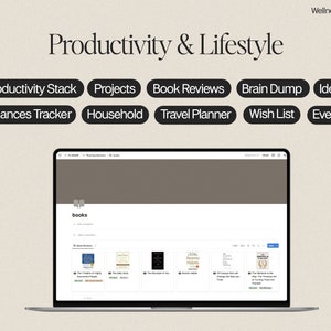 Productivity & lifestyle: productivity stack, projects, book reviews, brain dump, ideas, finances tracker, household, travel planner, wish list, events
