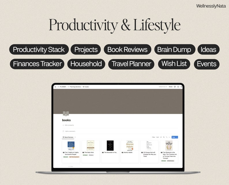 Productivity & lifestyle: productivity stack, projects, book reviews, brain dump, ideas, finances tracker, household, travel planner, wish list, events