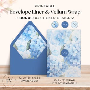 Hydrangea Envelope Liner, Custom Floral Wedding Stationery, Elegant Invitation Template, A7 Pastel Blue, 5x7 Vellum, DIY Stickers [EV-ISLA]