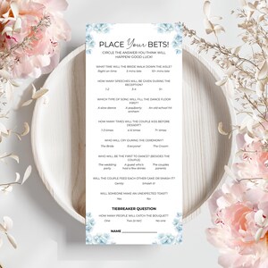 Plaats een weddenschap bruiloftsspel, blauwe hortensia leuke receptieactiviteit, bewerkbare sjabloon, vrijgezellenfeest, instant download [EV-BELLA]