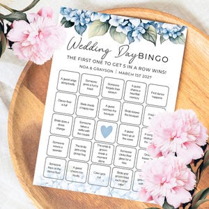 Tarjetas de bingo para bodas con hortensias azules, juego de fiesta de recepción imprimible, descarga digital, plantilla de actividad floral primaveral divertida y editable [EV-ISLA]