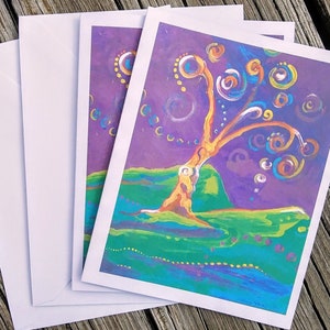 Dream Tree note cards with envelopes, Purple and green spiral tree, dancing tree, tree of life cards, size A2 blank interior FREE SHIPPING