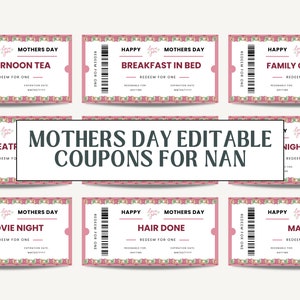 Mothers Day Coupons | Mothers Day Coupon Book | Mothers Day Coupons Printable | Mothers Day Card Print | Mothers Day Printable PDF