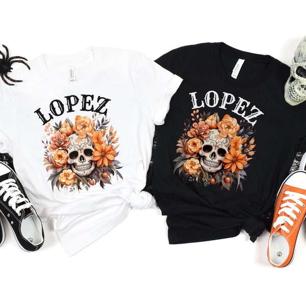 Cráneo de azúcar con apellido personalizado, camisa del Día de Los Muertos, camisa de esqueleto, celebración del Día de los Muertos, regalo del Día de los Muertos