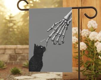 Garden Banner, Halloween Outdoor Decor, Cat Lover Gift, Funny Yard Flag, Spooky Porch Sign, Skeleton Hand Boop Cat Flag, Black Cat Flag