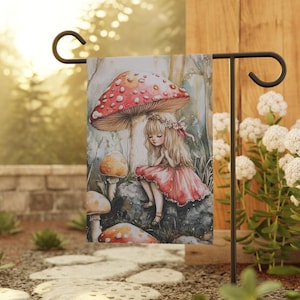 Outdoor Flag, Garden Fairy Banner, Whimsical Yard Art, Mushroom Flag, Secret Garden Decor, Plant Lover Gift, Outdoor Decor, Garden Gift