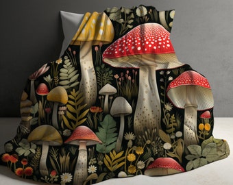 Couverture champignon, couverture champignon cottagecore, cadeau champignon, décoration cottagecore, couverture forestcore, couverture champignon vintage, couverture de canapé
