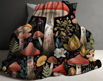 Couverture champignon, couverture champignon cottagecore, cadeau champignon, décoration cottagecore, couverture forestcore, couverture champignon vintage, couverture de canapé