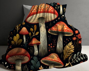 Couverture champignon, couverture champignon cottagecore, cadeau champignon, décoration cottagecore, couverture forestcore, couverture champignon vintage, couverture de canapé