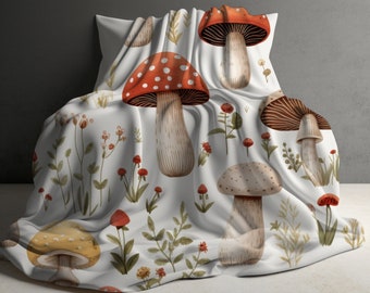 Couverture champignon, couverture champignon cottagecore, cadeau champignon, décoration cottagecore, couverture forestcore, couverture champignon vintage, couverture de canapé
