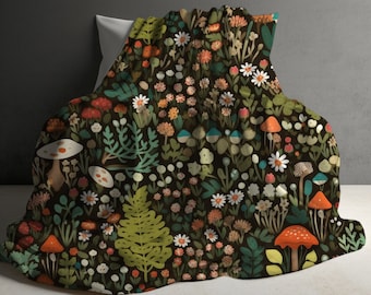 Couverture champignon, couverture champignon cottagecore, cadeau champignon, décoration cottagecore, couverture forestcore, couverture champignon vintage, couverture de canapé