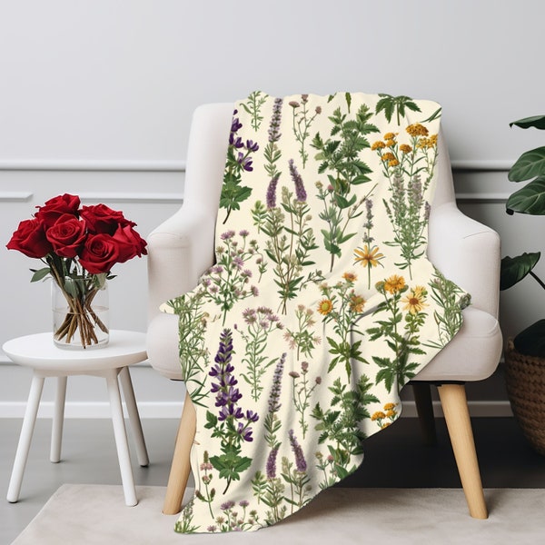 Botanical Decor, Herbs Throw Blanket, Vintage botanical blanket, fleece blanket, Boho Room Decor, Victorian decor, Gift for her, cottagecore